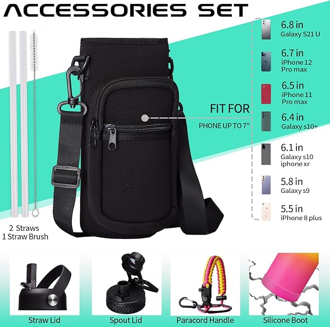 32/40/64oz Insulated Water Bottle with Paracord Handle, Sleeve Carry Strap, Straw Spout Lid, Wide Mouth Metal Canteen Sports Thermo Mug, Leak & Sweat Proof Cold Flask Jug for Camping Traveling