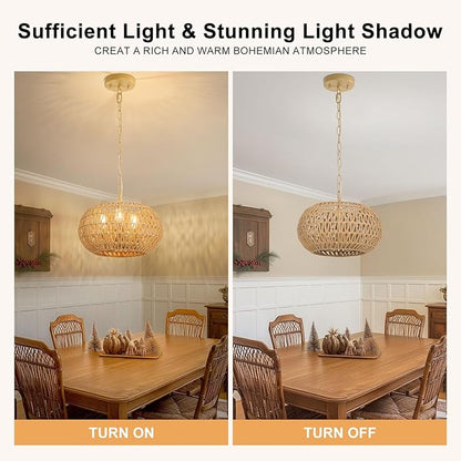 Rattan Farmhouse Chandeliers for Dining Room, 3-Light Boho Chandelier with Wicker Lampshade, Coastal Hanging Ceiling Pendant Light Fixtures for Kitchen Island Bedroom Living Room, E12 Base