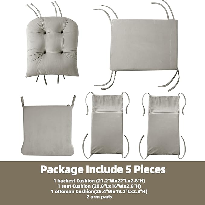 5 PCS Velvet Glider Rocker Replacement Cushions with Side Storage Pocket, Thickened & Supportive Cushions Set for Indoor Nursery Rocking Chair, Khaki