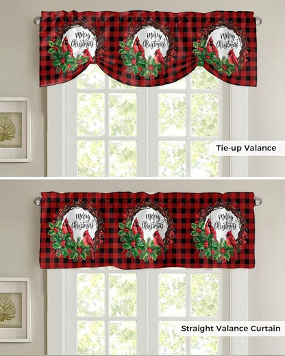 Merry Christmas Blackout Tie Up Valance Curtains for Kitchen Windows Winter Cardinal Holly Berries Window Toppers Balloon Shades for Living Room/Bathroom/Bedroom,1 Panel,42" X 18" Red Black Plaid