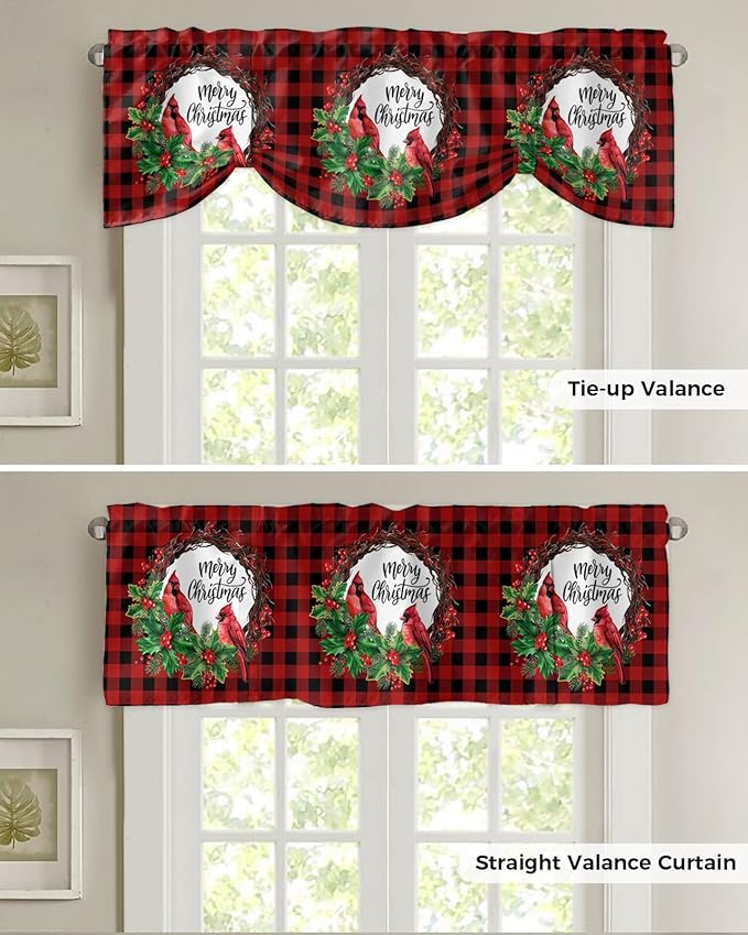 Merry Christmas Blackout Tie Up Valance Curtains for Kitchen Windows Winter Cardinal Holly Berries Window Toppers Balloon Shades for Living Room/Bathroom/Bedroom,1 Panel,54" X 18" Red Black Plaid