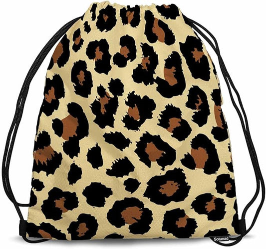 Seamless Leopard Print Draw String Back Bag Leopard Spots Brown Black Fashion Pattern Gym Backpack Basketball Bag Backpack 14x16.9 Inch