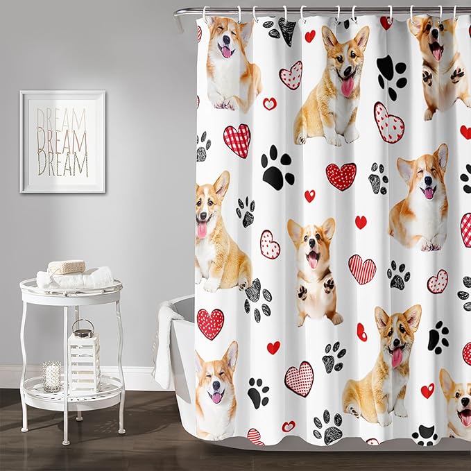 AILONEN Puppy Dog Shower Curtain for Bathroom,Cute Corgi Waterproof Bath Curtain,Pet Dog Kids Girls Dog Lover Curtain with 12 Plastic Hooks(60" W*72" H)