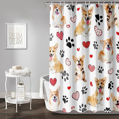 AILONEN Puppy Dog Shower Curtain for Bathroom,Cute Corgi Waterproof Bath Curtain,Pet Dog Kids Girls Dog Lover Curtain with 12 Plastic Hooks(72" W*96" H)