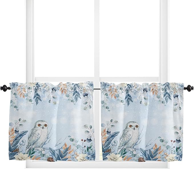 Blue Christmas Kitchen Curtains and Valances Set, Winter Snowy Owl Poinsettia Eucalyptus Leaves Windows Treatments Tiers Half/Short Curtains for Small Windows Cafe /Living Room/ Bedroom 54x24 in