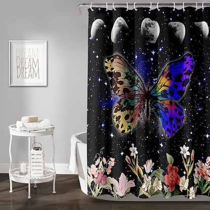 AILONEN Colorful Moth Shower Curtain,Sun and Moon Shower Curtain Set for Kids Girls Boys,Boho Natural Flowers Bath Curtain,Starry Night Bathroom Decor Shower Curtain with 12 Hooks,72" W*78" H