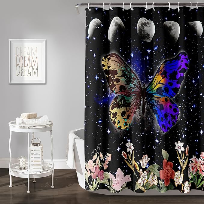 AILONEN Colorful Moth Shower Curtain,Sun and Moon Shower Curtain Set for Kids Girls Boys,Boho Natural Flowers Bath Curtain,Starry Night Bathroom Decor Shower Curtain with 12 Hooks,48" W*72" H