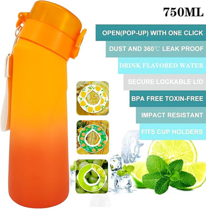 Air Water Bottle,750ML Scent Water Cup with 3 Flavour Pods,Leak Proof Sports Water Cup with Straw Suitable for Outdoor Sports,Gifts From Friends, Birthday Gifts (Gradient Orange + 3pods)