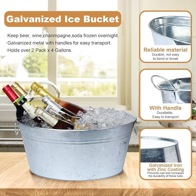 4 Gallon Galvanized Tub Ice Bucket for Parties, 2pcs Galvanized Bucket Beverage Tub Large Metal Bucket with Handles, Tin Beverage Tub Wine Beer Drink Tub Cooler for Cocktail Bar (Galvanized Buckets)