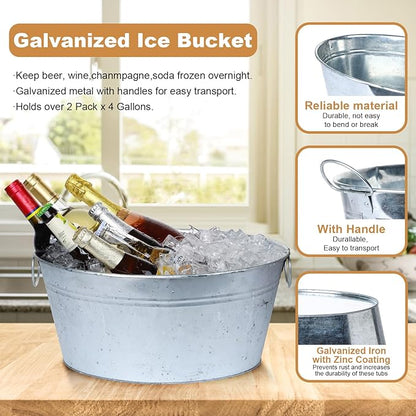 4 Gallon Galvanized Tub Ice Bucket for Parties, 2pcs Galvanized Bucket Beverage Tub Large Metal Bucket with Handles, Tin Beverage Tub Wine Beer Drink Tub Cooler for Cocktail Bar (Galvanized Buckets)