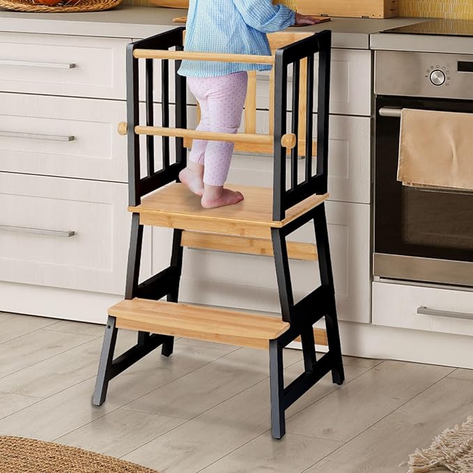 COSYLAND Kids Kitchen Step Stool, Toddler Standing Tower with CPC & FSC Certification, Removable Anti-Drop Railing Safety Rail Enjoys Unique Patented Design A Anti-tip Stable Structure Natural & Black