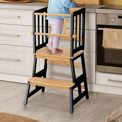 COSYLAND Kids Kitchen Step Stool, Toddler Standing Tower with CPC & FSC Certification, Removable Anti-Drop Railing Safety Rail Enjoys Unique Patented Design A Anti-tip Stable Structure Natural & Black