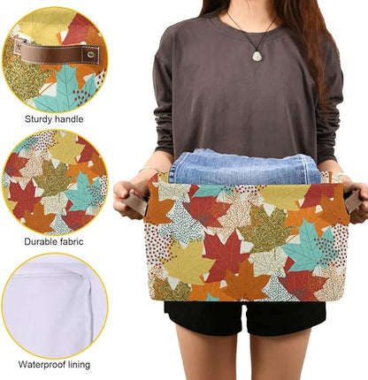 Fall Maple Leaves Storage Basket Fabric Storage Bin Laundry Baskets Autumn Pumpkin Foldable Storage Boxes Organizer Bag for Baby Cloth Dog Toy Book Storage Cubes Shelf Closet Basket 16×12×8 Inches