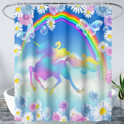 AILONEN Unicorn Shower Curtain, Kawaii Rainbow Unicorn Theme Bathroom Decor,Colorful Flower Butterfly Waterproof Fabric Shower Curtain Set for Girls Teens Kids,72" W*96" H