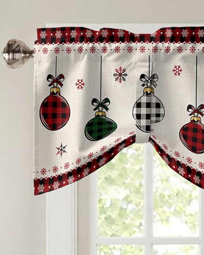 Christmas Blackout Tie Up Valance Curtains for Kitchen Windows Vintage Buffalo Plaid Christmas Balls Window Toppers Balloon Shades for Living Room/Bathroom/Bedroom,1 Panel,42" X 18" Farmhouse