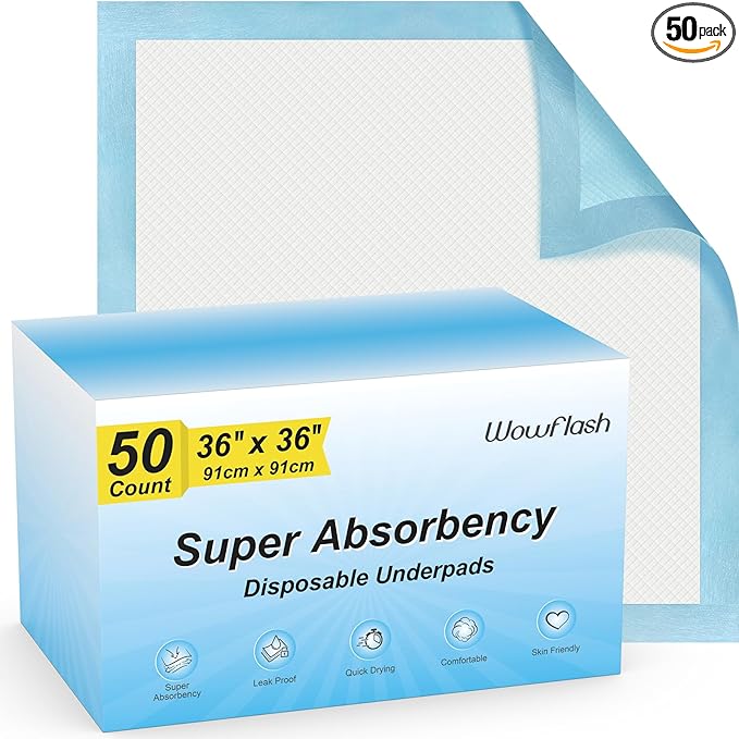 50 Count 36” x 36” Super Absorbency Disposable Underpads, Leakproof Quick Drying Disposable Pads for Baby, Puppy & Adults, Bed Pads Disposable Adults, Incontinence Pads, Dog Pee Pads