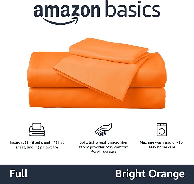Amazon Basics Kid's Soft Easy-Wash Lightweight Microfiber 4-Piece Sheet Set, Solid, Full, Bright Orange