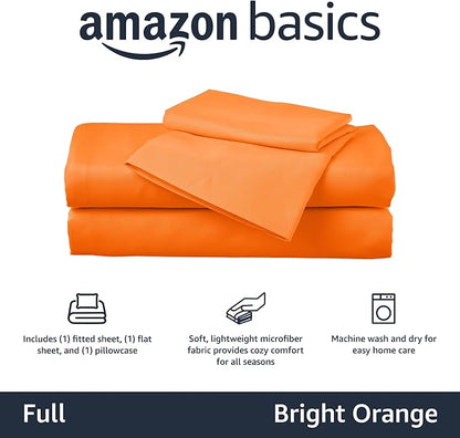 Amazon Basics Kid's Soft Easy-Wash Lightweight Microfiber 4-Piece Sheet Set, Solid, Full, Bright Orange