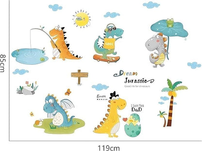 Cartoon Dinosaur Wall Decals Fishing T-Rex DIY Wall Stickers for Boys Kids Room Bedroom Baby Nursery Decor