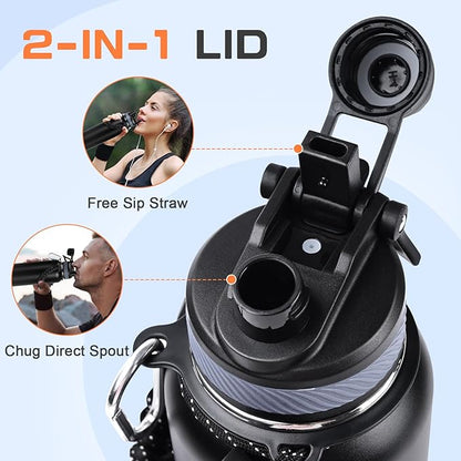 40 oz Insulated Water Bottle with Straw& Spout 2-in-1 Lid, Triple Wall Vacuum Stainless Steel Cold 48H, Leak Proof Sports Metal Flask Jug with Paracord Handle, Black