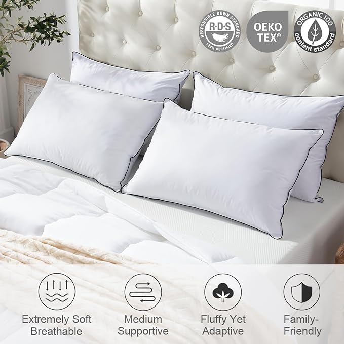 APSMILE Medium Firm Feather Down Pillows Queen Size Pack of 1, Luxury Goose Feather Pillow for Sleeping, 600TC/DM Organic Cotton Cover Hotel Collection Bed Pillows (White, 20"x30")