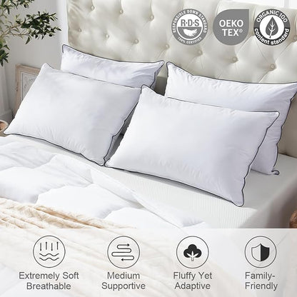 APSMILE Medium Firm Feather Down Pillows Queen Size Pack of 1, Luxury Goose Feather Pillow for Sleeping, 600TC/DM Organic Cotton Cover Hotel Collection Bed Pillows (White, 20"x30")