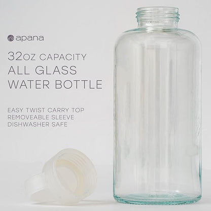 Apana Yoga Glass Water Bottles BPA Free Non Slip Sleeve Leak Proof Lid Reusable 19 Oz and 32 Oz Sports Water Bottle Wide Mouth Lid Portable Hydration Tumbler