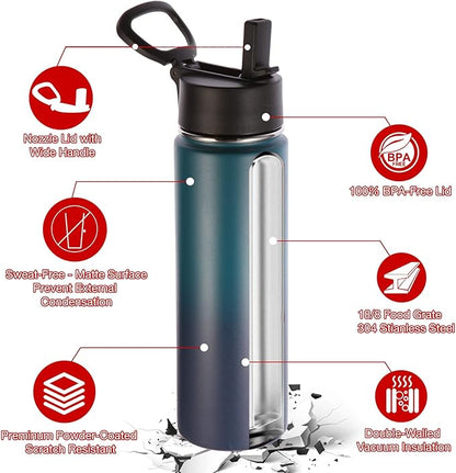 Volhoply 24 Ounce Insulated Water Bottle With Straw Lid,Stainless Steel Wide Mouth Sport Bottles With Handle,Double Wall Vacuum Thermos keep Cold,Reusable Travel Thermal Cups For Holder(Dark Night,1)