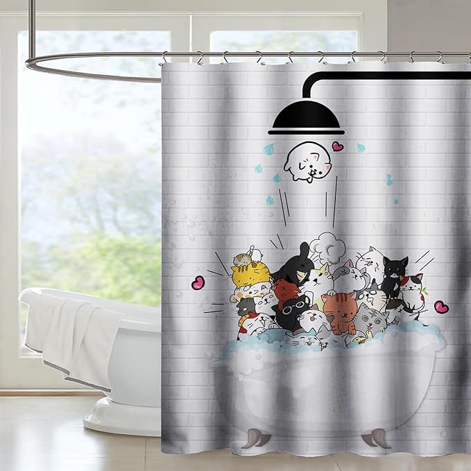 AILONEN Cute Cats Shower Curtain for Kids 72" W*96" H Inch,Kawaii Hilarious Funny Cat Pet Playing Water Shower Curtain,12 Pack Hooks Polyester Waterproof Fabric Decor for Bathroom Bathtub Panels