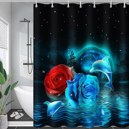 AILONEN Blue and Red Rose Shower Curtain,Cute Dolphin Shower Curtain for Bathroom Decor,36" W*72" H Polyester Waterproof Evening Starry Moon Flower Bath Curtain with 12 Hooks