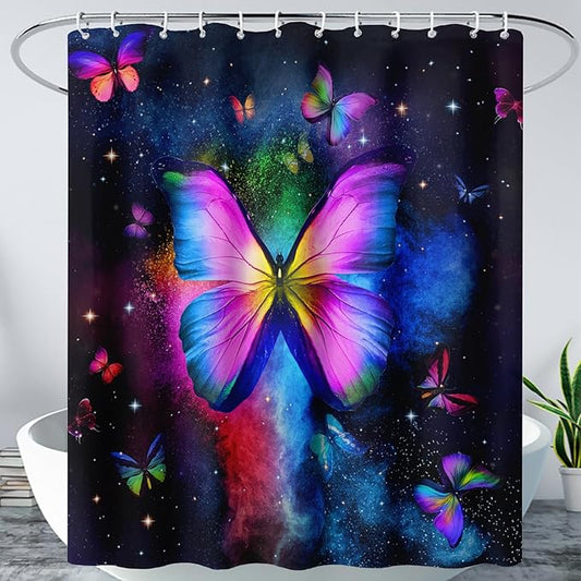 AILONEN Butterfly Shower Curtain Bathroom 72" W*96" H Sparkly Colourful Butterfly Curtain Cloth Fabric Bathroom for Girls Kids,Deep Color Shower Curtain Set