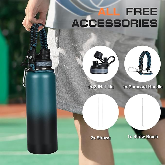 40 oz Insulated Water Bottle with Straw& Spout 2-in-1 Lid, Triple Wall Vacuum Stainless Steel Cold 48H, Leak Proof Sports Metal Flask Jug with Paracord Handle, Indigo Black