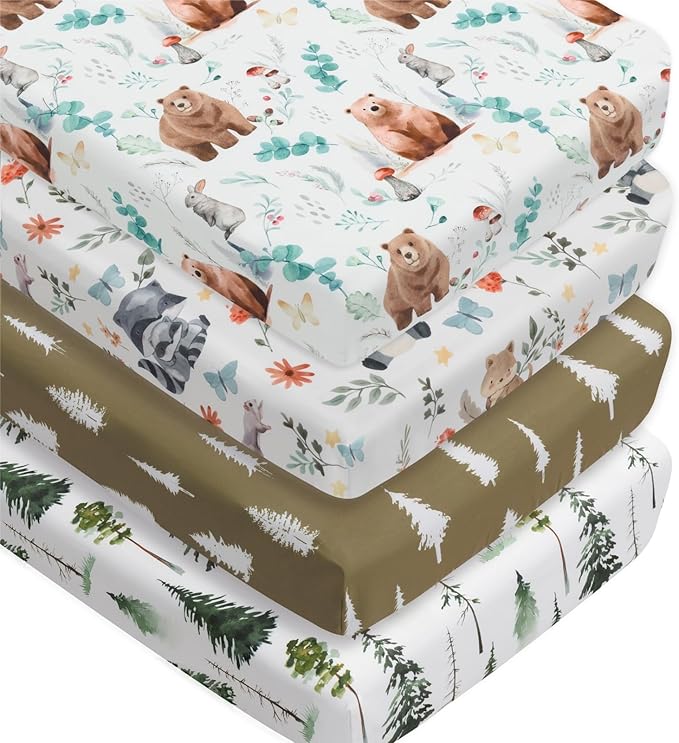 4 Pack Woodland Forest Animals Wood Neutral Unisex Fitted Baby Crib Sheets Set for Baby Boys or Girls (Cartoon Beer, 52 * 28)