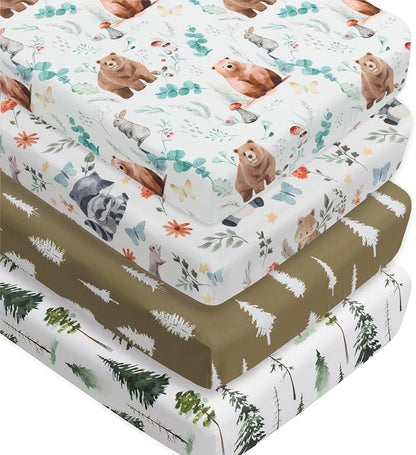 4 Pack Woodland Forest Animals Wood Neutral Unisex Fitted Baby Crib Sheets Set for Baby Boys or Girls (Cartoon Beer, 52 * 28)