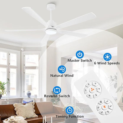 60" Modern Ceiling Fan with Lights and Remote Control, 5 Solid Wood Blades 6-Speed Noiseless Reversible DC Motor, Ceiling Fan for Bedroom Dinning Living Room, White