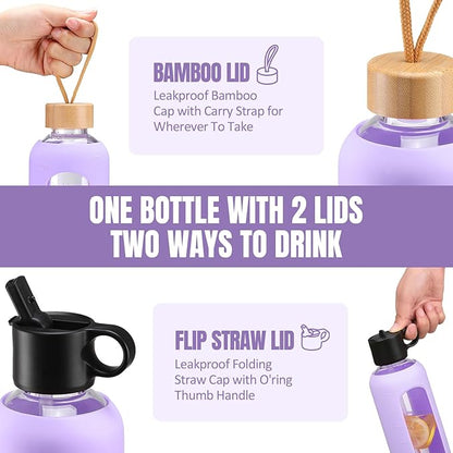 32oz Glass Water Bottle With 2 Lids-Flip Straw Lid, Bamboo Lid, Glass Water Bottle With Silicone Sleeve, Motivational Time Marker, Glass Juice Bottle for Cold Drink,Purple