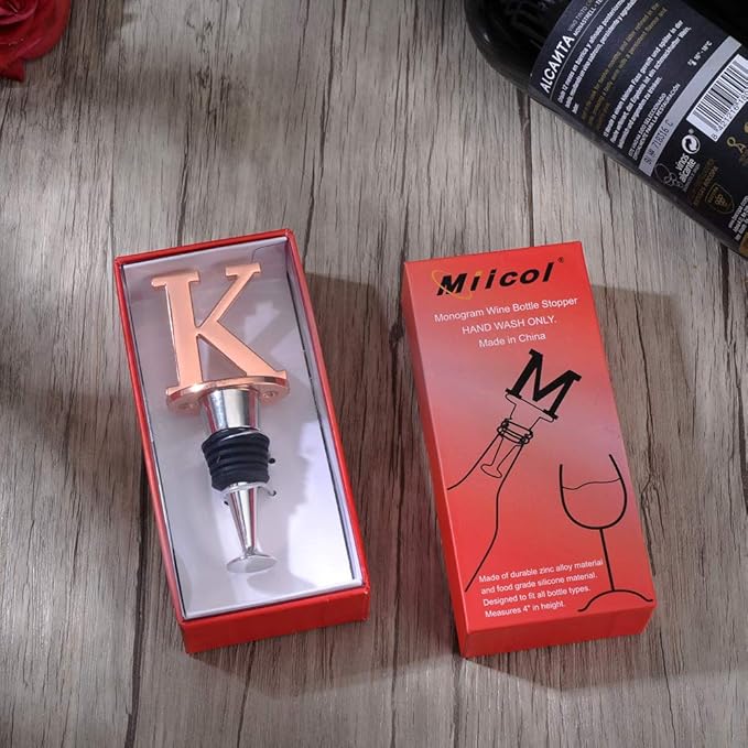 Miicol Wine Bottle Stopper, Prosecco Stopper, Rose Gold Wine Stopper, Personalised Champagne Stopper, Initial Wine Stopper, Funny Prosecco Gift, Wine Lovers Gift, Kitchen Decor, Letter K