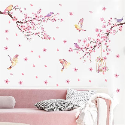 Cherry Blossom Wall Decal Peel and Stick Wall Art Decals Pink Flower Wall Decals Tree Branch Birds Wall Stickers Spring Cherry Flowers Wall Decals for Living Room Bedroom Kitchen Nursery Window Decor