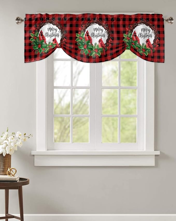 Merry Christmas Blackout Tie Up Valance Curtains for Kitchen Windows Winter Cardinal Holly Berries Window Toppers Balloon Shades for Living Room/Bathroom/Bedroom,1 Panel,54" X 18" Red Black Plaid