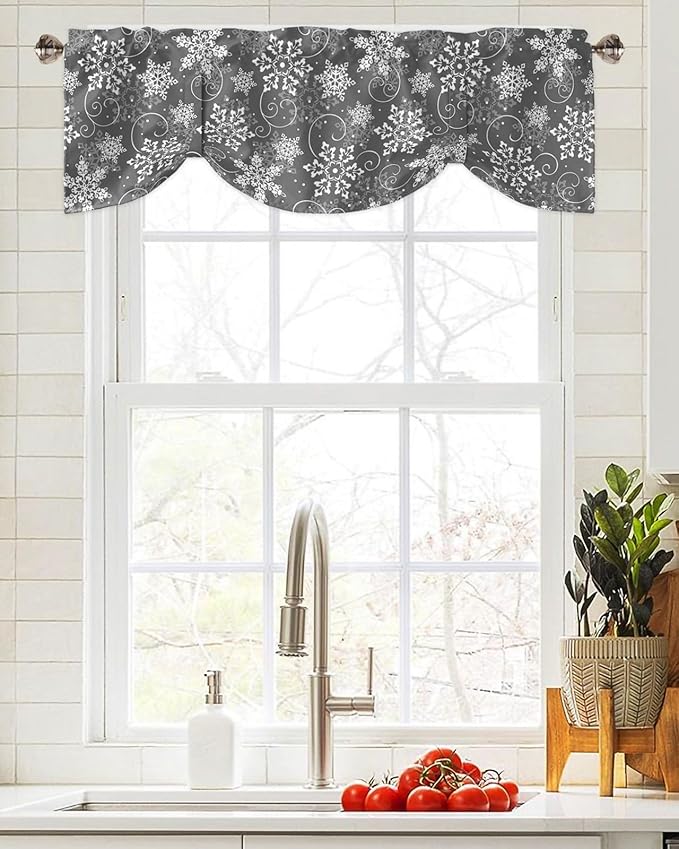 Christmas Blackout Tie Up Valance Curtains for Kitchen Windows Grey White Snowflakes Pattern Window Toppers Balloon Shades for Living Room/Bathroom/Bedroom,1 Panel, 42" X 12", Winter