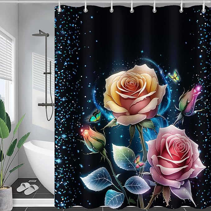 AILONEN Pink Rose Shower Curtain,Galaxy Butterfly Rose Flower Curtain for Kids Girls Women,Modern Romantic Curtain,Print Polyester Waterproof with 12 Plastic Hooks, 72" W*78" H