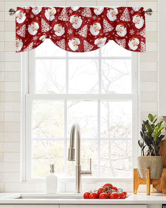 Red Christmas Blackout Tie Up Valance Curtains for Kitchen Windows Santa Claus Merry Christmas Tree Window Toppers Balloon Shades for Living Room/Bathroom/Bedroom,1 Panel, 60" X 18", Winter Snowflake