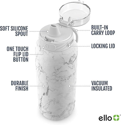 Ello Cooper 22oz Stainless Steel Water Bottle with Straw and Carry Handle, Double Walled and Vacuum Insulated Metal, Leak Proof Locking Lid with Soft Silicone Spout, Reusable, BPA Free, White Marble