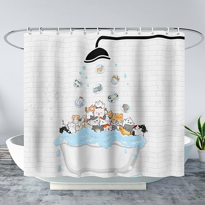 AILONEN Cute Cats Shower Curtain Raining for Kids 48" W*72" H Inch,Kawaii Hilarious Pet Playing Water Shower Curtain,12 Pack Hooks Polyester Waterproof Fabric Decor for Bathroom Bathtub Panels