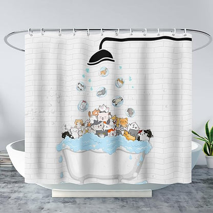 AILONEN Cute Cats Shower Curtain Raining for Kids 36" W*72" H Inch,Kawaii Hilarious Pet Playing Water Shower Curtain,12 Pack Hooks Polyester Waterproof Fabric Decor for Bathroom Bathtub Panels