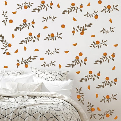 Orange Leaf Wall Stickers Boho Fruit Leaf Wall Stickers Removable Botanical Vintage Fruit Wall Decals Citrus Green Leaves Orange Wall Stickers for Nursery Kids Room Bedroom Kitchen Decor