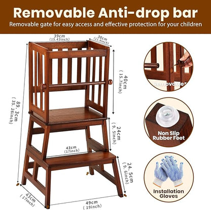 COSYLAND Kids Kitchen Step Stool, Toddler Standing Tower with CPC & FSC Certification, Removable Anti-Drop Railing Safety Rail Enjoys Unique Patented Design A Anti-tip Stable Structure Red Brown
