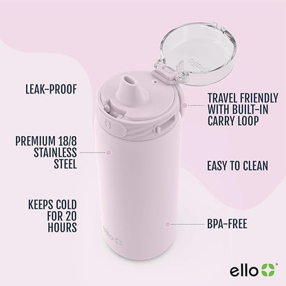 Ello Cooper 18oz Stainless Steel Water Bottle with Straw and Carry Handle, Double Walled and Vacuum Insulated Metal, Leak Proof Locking Lid with Soft Silicone Spout, Reusable, BPA Free, Cashmere Pink