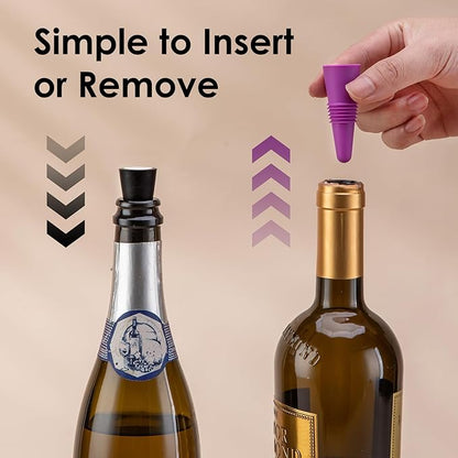 8 PCS MultiColor Silicone Wine Stoppers with Threaded Seal Ring and Stainless Top - Suitable for Wine and Beverage Bottles - Keeping Wine or Beverage Fresh
