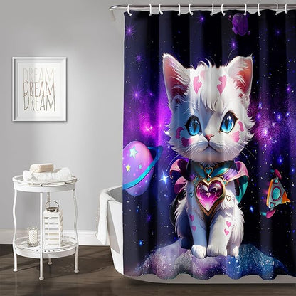 AILONEN Cartoon Cat Shower Curtain Set for Kids Boys Girls, Kawaii Love Kitten Shower Curtain for Bathroom,Galaxy Planet Washable Fabric Shower Curtain with Hooks,48" W*72" H